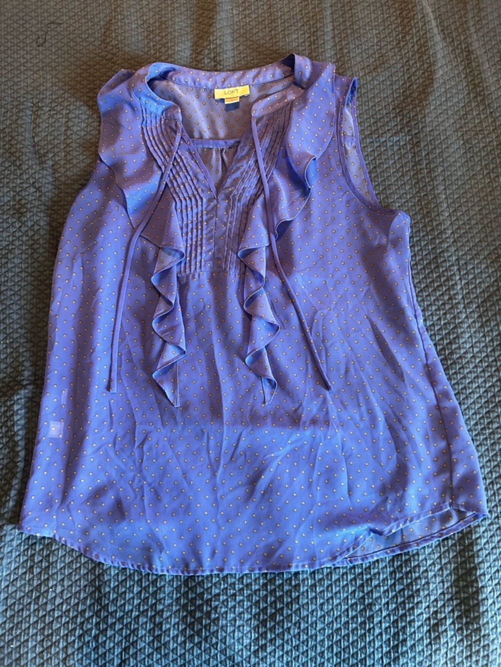 LOFT Lavender Dot Ruffle Tie-Neck Sleeveless Top